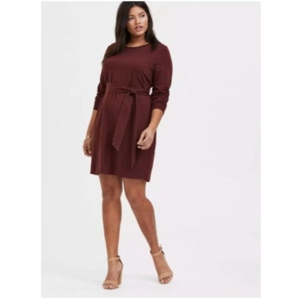 Torrid Womens Burgundy Long Sleeve Dress Tie belt Size 2x plus Cotton Blend